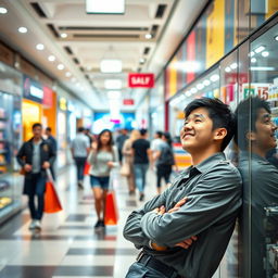 A scene depicting a tired worker in a bustling mall, surrounded by shoppers and vibrant store displays