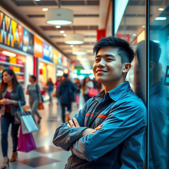 A scene depicting a tired worker in a bustling mall, surrounded by shoppers and vibrant store displays