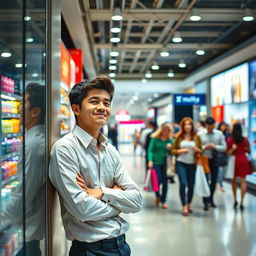 A scene depicting a tired worker in a bustling mall, surrounded by shoppers and vibrant store displays