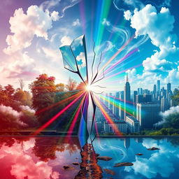 An abstract representation of 'truth' and 'falsehood,' featuring a surreal landscape where reality and illusion intertwine