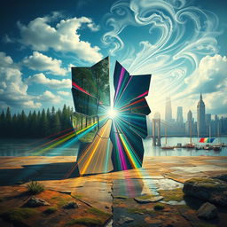An abstract representation of 'truth' and 'falsehood,' featuring a surreal landscape where reality and illusion intertwine