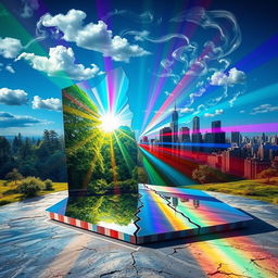 An abstract representation of 'truth' and 'falsehood,' featuring a surreal landscape where reality and illusion intertwine
