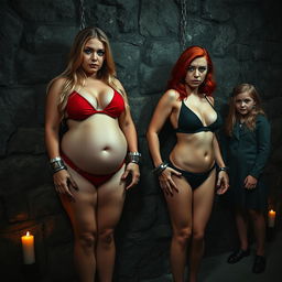 A full-length photographic image showcasing a dramatic scene set in a dimly lit dungeon