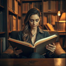 A beautiful adult woman sitting in a cozy reading nook, wearing a stylish outfit that highlights her elegance