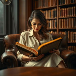 A beautiful adult woman sitting in a cozy reading nook, wearing a stylish outfit that highlights her elegance