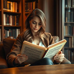 A beautiful adult woman sitting in a cozy reading nook, wearing a stylish outfit that highlights her elegance
