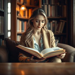 A beautiful adult woman sitting in a cozy reading nook, wearing a stylish outfit that highlights her elegance