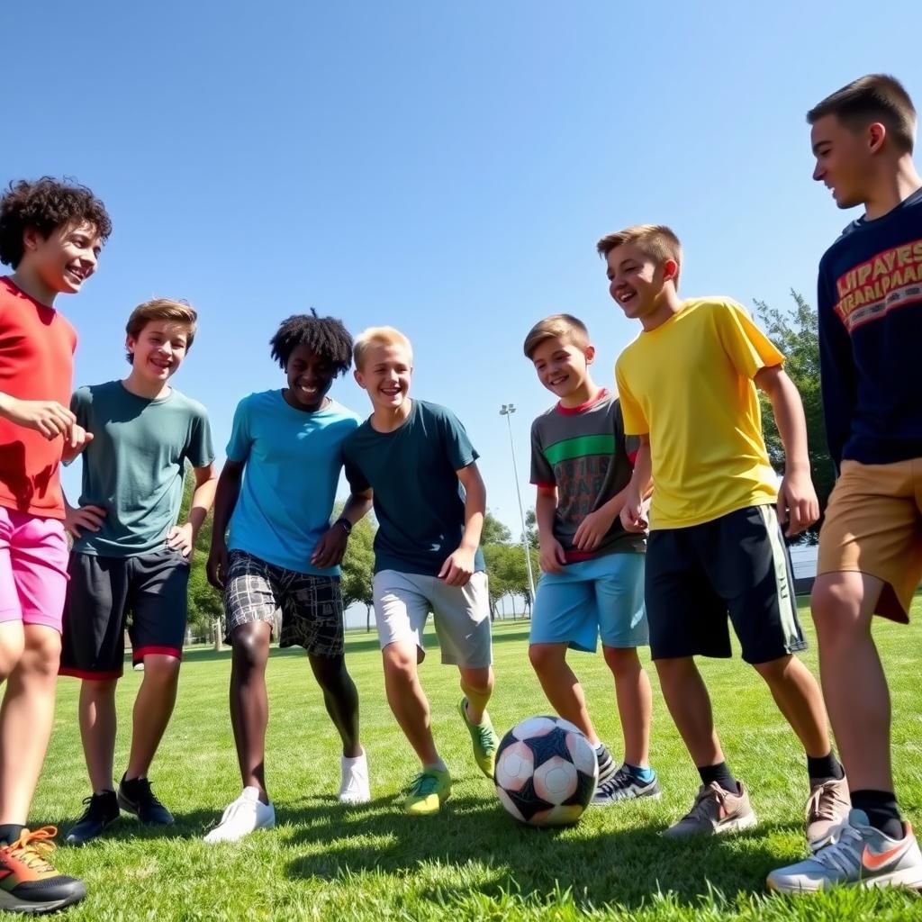 A group of teenage boys laughing and playing soccer in a sunny park