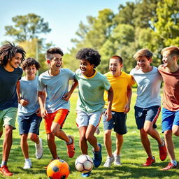 A group of teenage boys laughing and playing soccer in a sunny park