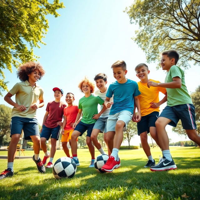 A group of teenage boys laughing and playing soccer in a sunny park