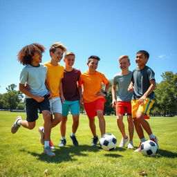 A group of teenage boys laughing and playing soccer in a sunny park
