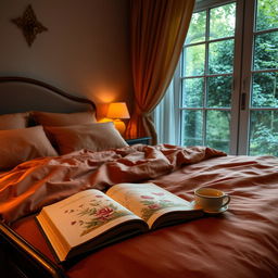 A cozy and inviting bedroom setting with soft ambient lighting, featuring a plush bed adorned with luxurious bedding in rich, warm colors