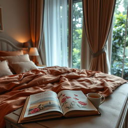 A cozy and inviting bedroom setting with soft ambient lighting, featuring a plush bed adorned with luxurious bedding in rich, warm colors