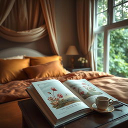 A cozy and inviting bedroom setting with soft ambient lighting, featuring a plush bed adorned with luxurious bedding in rich, warm colors