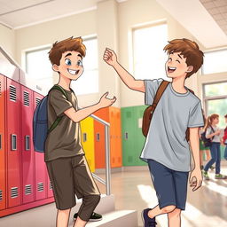 A cheerful moment depicting a boy helping his friend to climb the school stairs