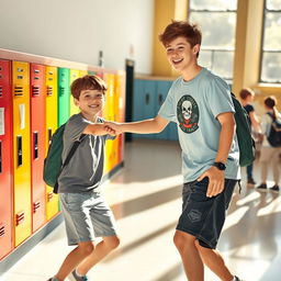 A cheerful moment depicting a boy helping his friend to climb the school stairs