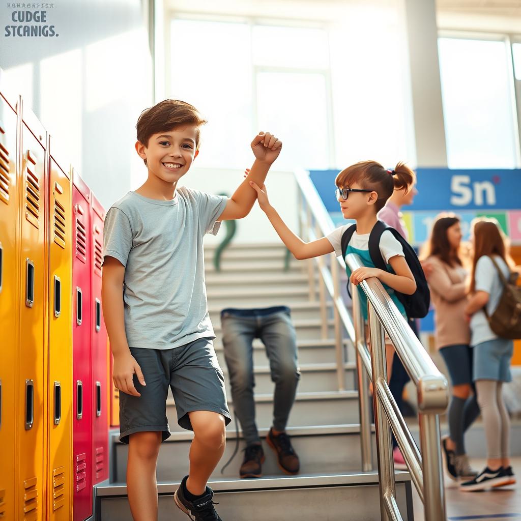 A cheerful moment depicting a boy helping his friend to climb the school stairs