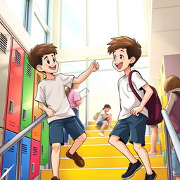 A cheerful moment depicting a boy helping his friend to climb the school stairs