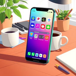 An illustration of a smartphone with a vibrant app store interface open, displaying various colorful application icons with one labeled 'Downloaded' highlighted in green