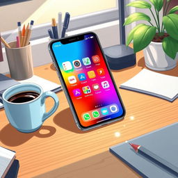An illustration of a smartphone with a vibrant app store interface open, displaying various colorful application icons with one labeled 'Downloaded' highlighted in green