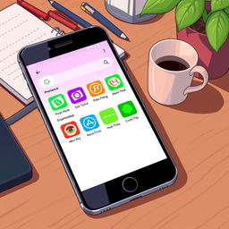 An illustration of a smartphone with a vibrant app store interface open, displaying various colorful application icons with one labeled 'Downloaded' highlighted in green