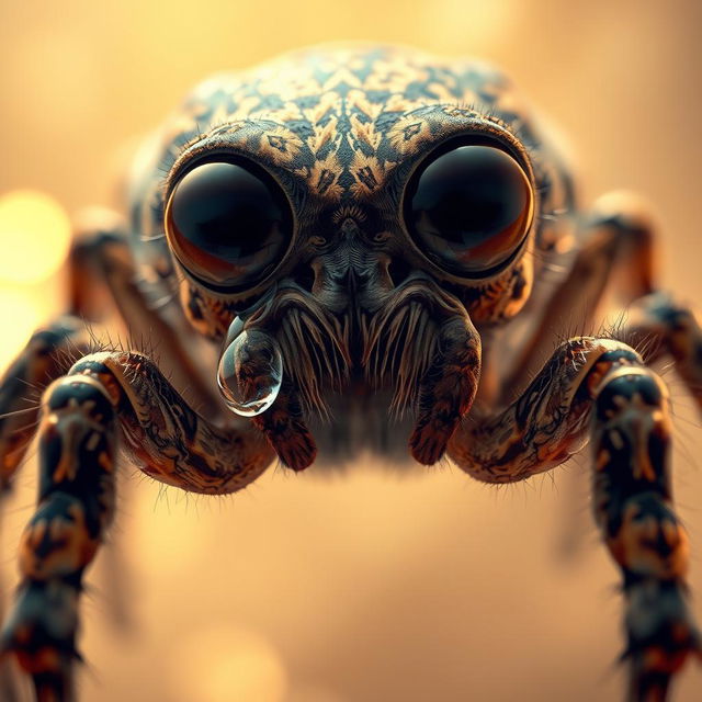 A surreal depiction of a spider with large, expressive eyes shedding tears, capturing an emotional moment