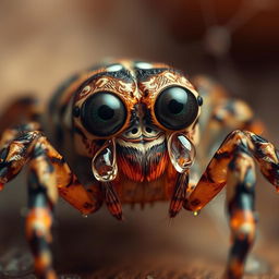 A surreal depiction of a spider with large, expressive eyes shedding tears, capturing an emotional moment