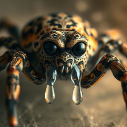 A surreal depiction of a spider with large, expressive eyes shedding tears, capturing an emotional moment