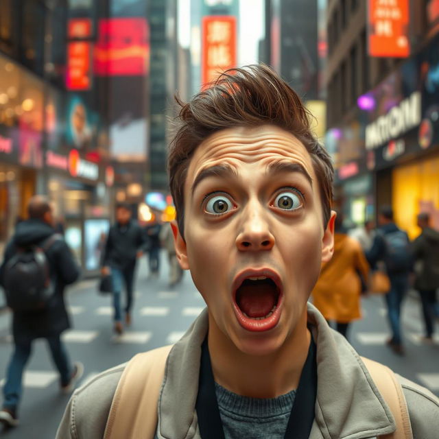 a person with a shocked expression, wide eyes and open mouth, standing in a bustling city street, with colorful lights reflecting off glass buildings, and other pedestrians around them, capturing the feeling of surprise and amazement in the scene