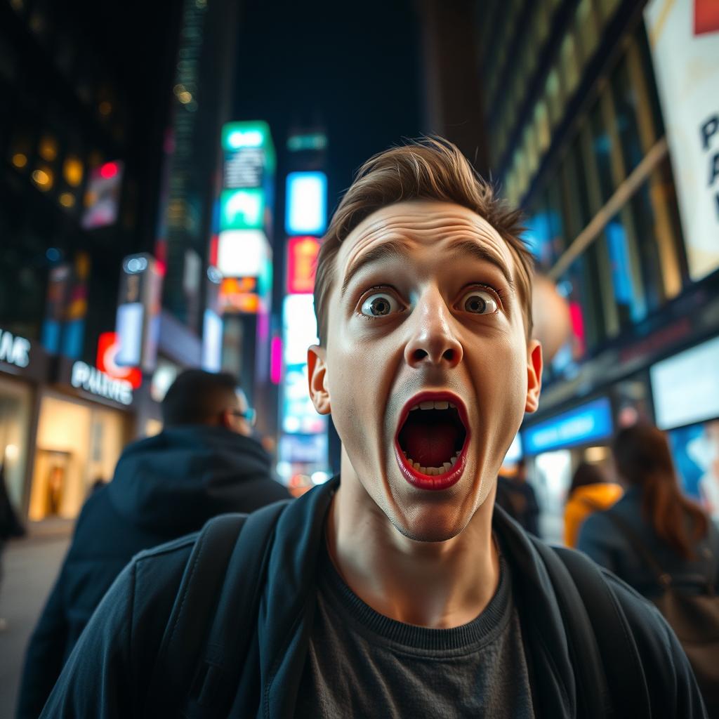 a person with a shocked expression, wide eyes and open mouth, standing in a bustling city street, with colorful lights reflecting off glass buildings, and other pedestrians around them, capturing the feeling of surprise and amazement in the scene