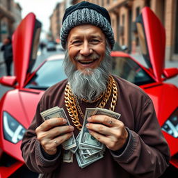 A wealthy homeless man from Russia with a distinguished grey beard and a cozy obbie cap, wearing a flashy gold chain around his neck and holding a wad of cash in his hands, standing confidently in front of a striking red Lamborghini