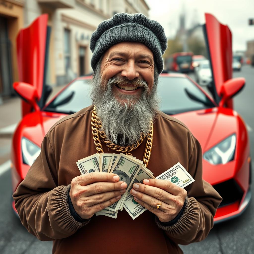 A wealthy homeless man from Russia with a distinguished grey beard and a cozy obbie cap, wearing a flashy gold chain around his neck and holding a wad of cash in his hands, standing confidently in front of a striking red Lamborghini