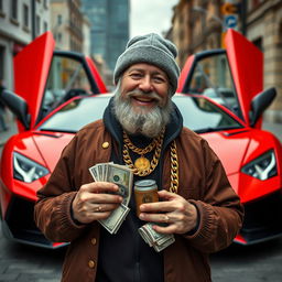 A wealthy homeless man from Russia with a distinguished grey beard and a cozy obbie cap, wearing a flashy gold chain around his neck and holding a wad of cash in his hands, standing confidently in front of a striking red Lamborghini