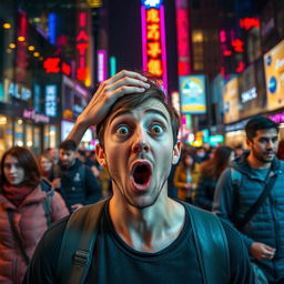 a person with a shocked expression, wide eyes and mouth agape, with their hand on their head, standing in a bustling city street at night, colorful neon lights reflecting off the glass buildings, other pedestrians around them looking surprised as well, capturing the feeling of astonishment and disbelief in the scene