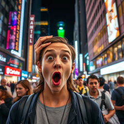 a person with a shocked expression, wide eyes and mouth agape, with their hand on their head, standing in a bustling city street at night, colorful neon lights reflecting off the glass buildings, other pedestrians around them looking surprised as well, capturing the feeling of astonishment and disbelief in the scene