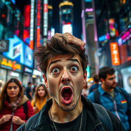 a person with a shocked expression, wide eyes and mouth agape, with their hand on their head, standing in a bustling city street at night, colorful neon lights reflecting off the glass buildings, other pedestrians around them looking surprised as well, capturing the feeling of astonishment and disbelief in the scene