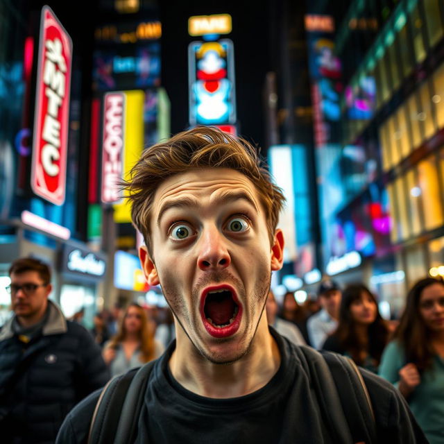 a person with a shocked expression, wide eyes and mouth agape, with their hand on their head, standing in a bustling city street at night, colorful neon lights reflecting off the glass buildings, other pedestrians around them looking surprised as well, capturing the feeling of astonishment and disbelief in the scene