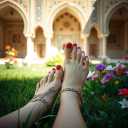 A captivating scene showcasing an Iranian woman with beautiful, elegantly painted toenails relaxing in a traditional Persian garden