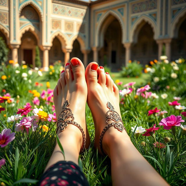 A captivating scene showcasing an Iranian woman with beautiful, elegantly painted toenails relaxing in a traditional Persian garden