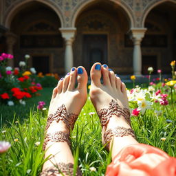 A captivating scene showcasing an Iranian woman with beautiful, elegantly painted toenails relaxing in a traditional Persian garden