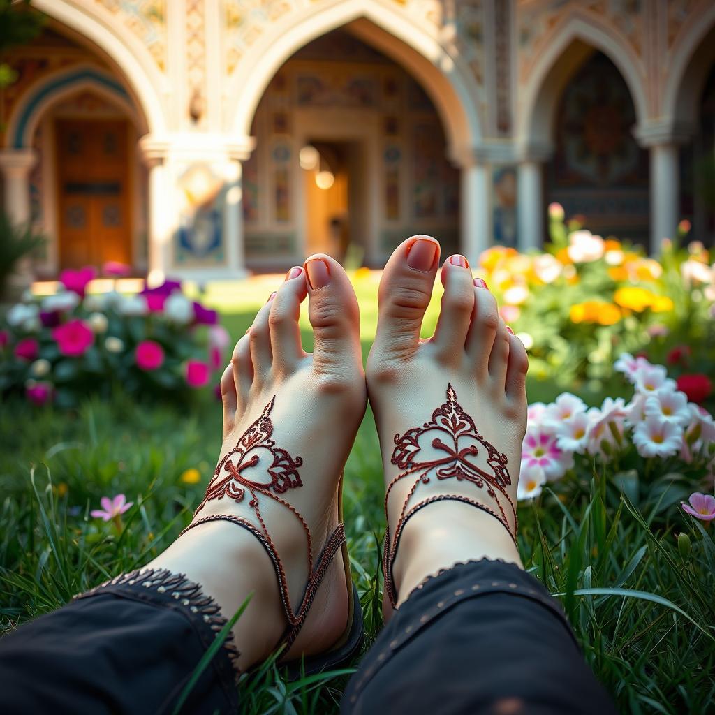 A captivating scene showcasing an Iranian woman with beautiful, elegantly painted toenails relaxing in a traditional Persian garden