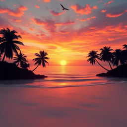 A serene and imaginative landscape featuring a beautiful sunset over a tranquil beach
