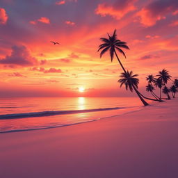 A serene and imaginative landscape featuring a beautiful sunset over a tranquil beach