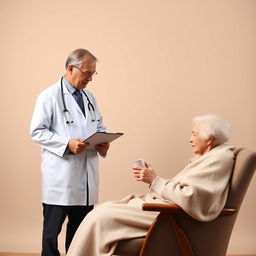 A doctor dressed professionally in a white coat, holding a clipboard, standing in front of a plain background, attentively observing an elderly patient who is seated in a chair