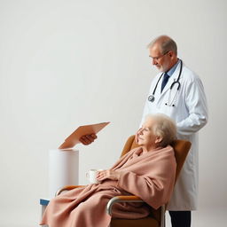 A doctor dressed professionally in a white coat, holding a clipboard, standing in front of a plain background, attentively observing an elderly patient who is seated in a chair