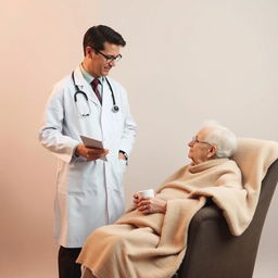 A doctor dressed professionally in a white coat, holding a clipboard, standing in front of a plain background, attentively observing an elderly patient who is seated in a chair
