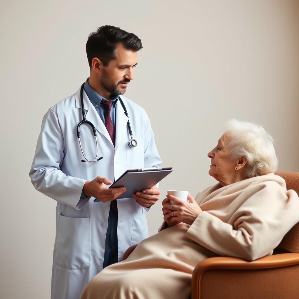 A doctor dressed professionally in a white coat, holding a clipboard, standing in front of a plain background, attentively observing an elderly patient who is seated in a chair