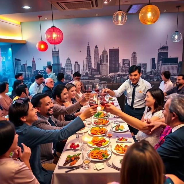 A vibrant restaurant party scene filled with joy and laughter