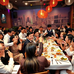 A vibrant restaurant party scene filled with joy and laughter