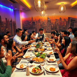 A vibrant restaurant party scene filled with joy and laughter